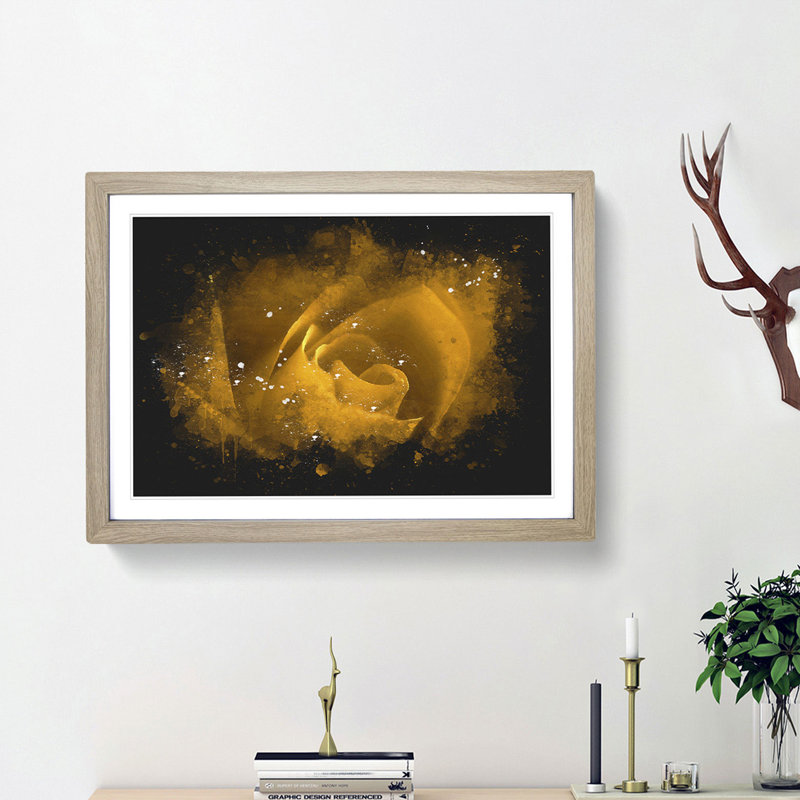 Golden Rose Flower - Picture Frame Graphic Art Print, Oak Framed, 45cm H x 63cm W x 2cm D
