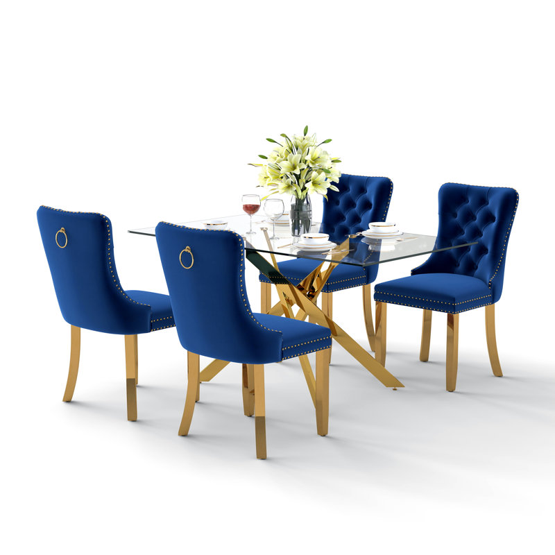 Ensemble de table de salle à manger rectangulaire en verre trempé, table de salle à manger de luxe avec chaise de salle à manger en velours capitonné