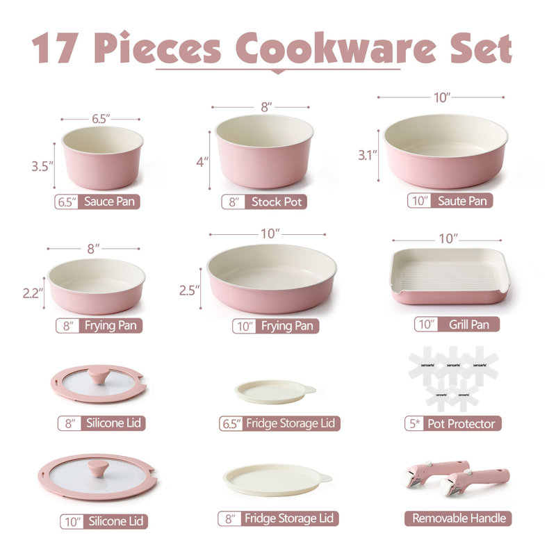 SENSARTE Nonstick Ceramic 17 Piece Pots And Pans Set With Removable Handle, Include Griddle, Dishwasher ＆ Oven Safe, PTFE/PTAS/PFOA Free