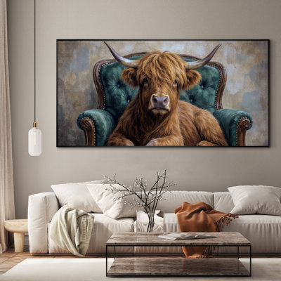 Très grand art mural imprimé sur tissu - Vache Highland Brown avec accoudoirs, décoration de salon éclectique