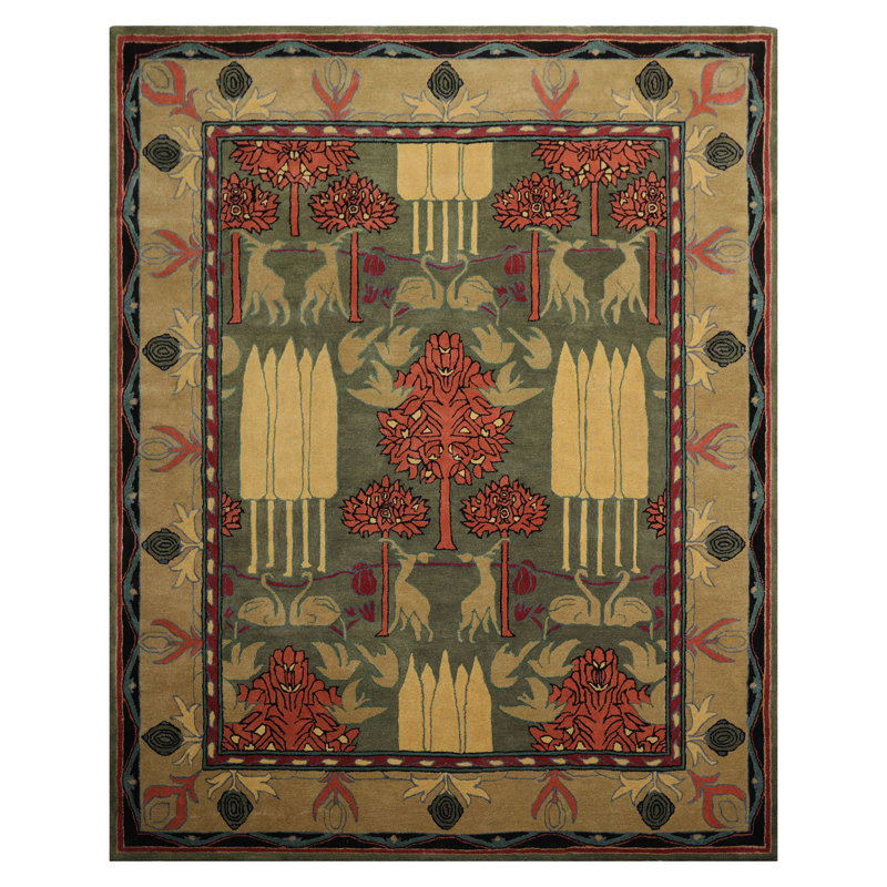 Tapis vert touffeté à la main 8 pi x 10 pi Arts & Crafts / Mission William Morris