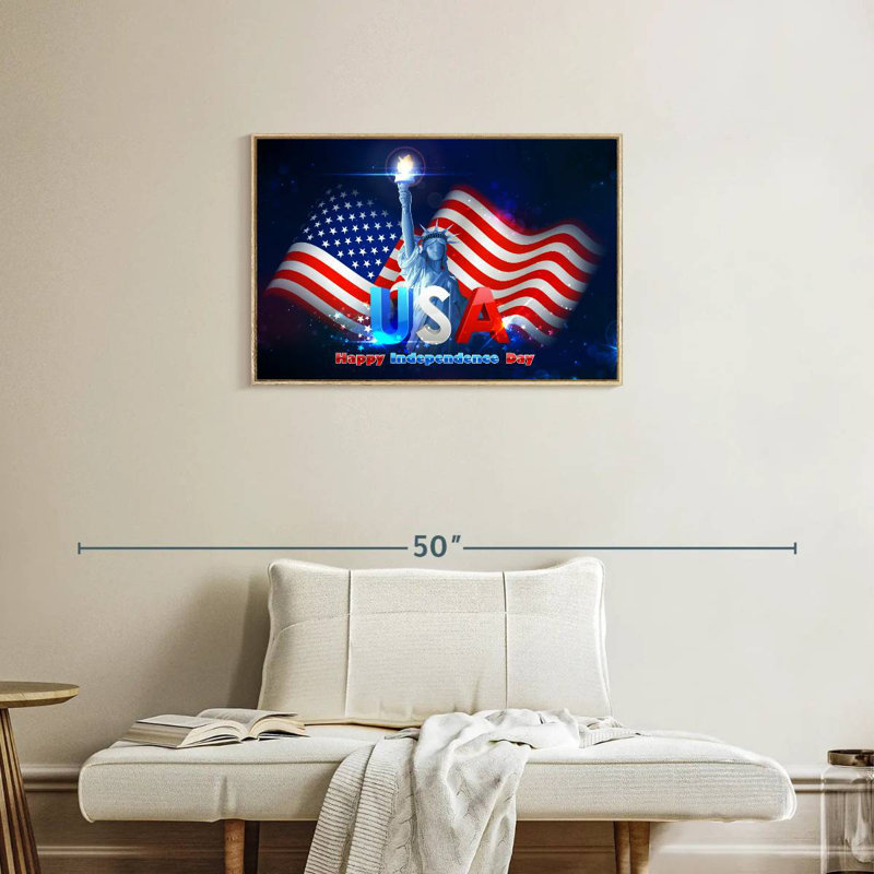 Statue Of Liberty USA Flag, Floating Frame Natural Wood, 31" X 21"