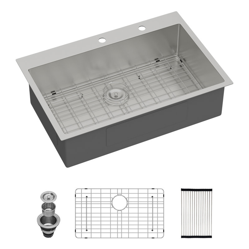 Évier de cuisine encastrable en acier inoxydable de 33 po x l 19 po x 33 po avec grille d'évier, grille et support à enroulement