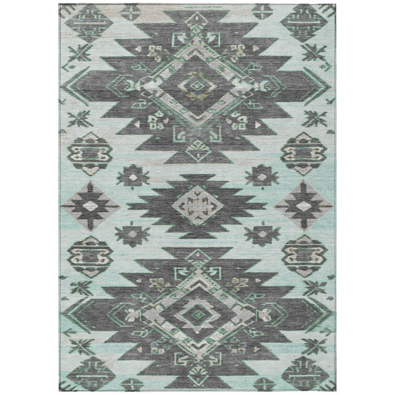 Machine Washable Indoor/Outdoor Xhevrie Mint Rug, Rectangle 3' x 5'