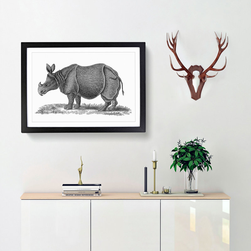 Rhinoceros in Black & White by George Shaw - Picture Frame Drawing Print, Black Framed, 36cm H x 48cm W x 2cm D