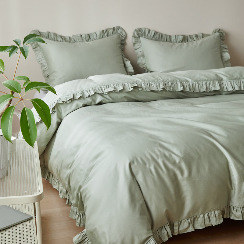 100% Organic Cotton Duvet Cover Ruffle Set, Full / Double Duvet Cover + 2 Standard Pillowcases, Sage Green