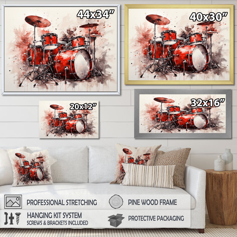 Music Drums Pulse Deep Red - Impressions encadrées musicales, Cadre doré simple, H 12 po x l 20 po x P 1 po