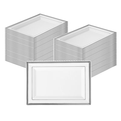 Restaurantware Rectangular Serving Plates 10 Count 7.5 x 5.25 Inch Silver-Rimmed Plastic White Disposable Buffet Plates Greaseproof Elegant Dinner Plates Warm and Cold Food Friendly