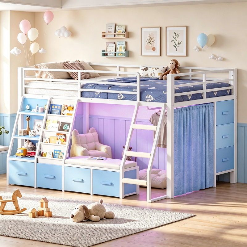 Low Loft Bed Full with Built-in Cushioned Seat & LED Reading Corner & 7 Storage Drawers & Bookshelves Metal Under-bed Play House Captain Bed with Curtain