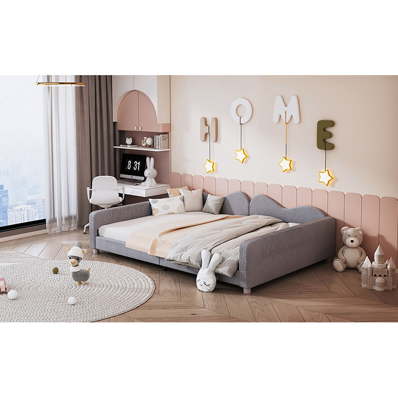 Full Size Upholstered Daybed, Sherpa Fabric Sofabed With Cloud-Shaped Backrest, No Box-Spring Needed, Gray, Gray