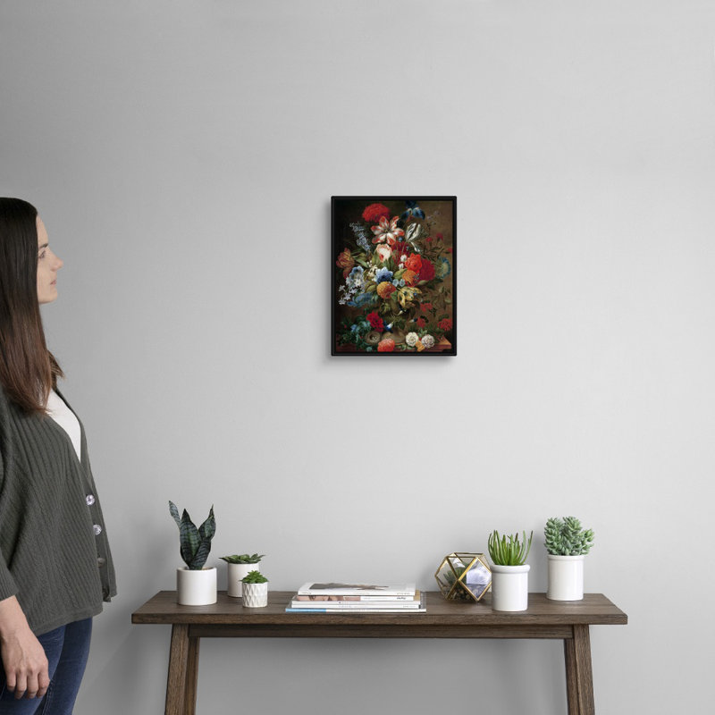 «Flower Still Life with Bird Nest» par Ottmar Elliger, reproduction sur toile, H 16 po x l 13 po x P 1,75 po, Cadre noir