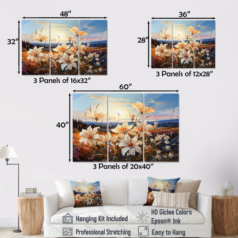 Ensemble de salon d'embellissement Beautys Lilies Field On Mountains I - Flowers, Toile tendue, H 32 po x l 48 po x P 1 po