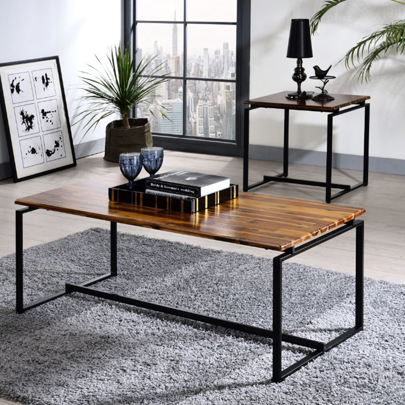 Table basse rectangulaire 3 pièces en chêne et noir, plateau de table en métal massif de 18 mm de hauteur, base en métal, pour le salon principal