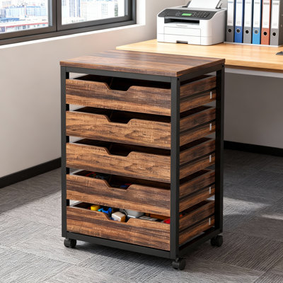5 Drawer Chest, Wood Storage Dresser Cabinet with Wheels, Industrial Storage Drawer Organizer Cart for Office Bedroom Entryway (Rustic Brown, 1 PC) by 17 Stories