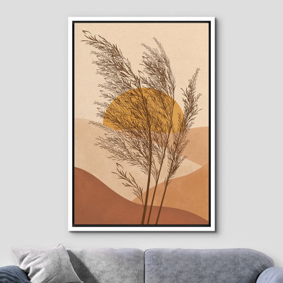 Sun and Moon Wildflower Abstract Desert Landscape Illustrations, Mid Century Modern Boho Pictures, Giclee Canvas Digital Print Framed Wall Art