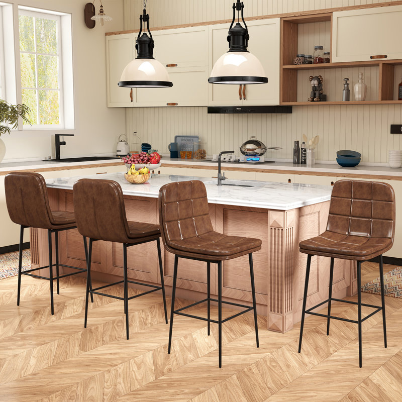 Upholstered Low Back 27.5" PU Leather Bar & Counter Stool With Metal Frame And Footrest, Modern Armless Bar Stools For Kitchen Island