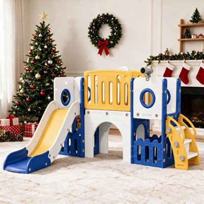 Grande glissade pour tout-petit 9 en 1, ensemble de jeu pour enfants avec longue pente, ensemble d'escalade pour bébé avec panier de basketball, télescope, tunnel, espace de rangement, marches fermées, aire de jeux intérieure et extérieure pour les enfants de 3 ans et plus