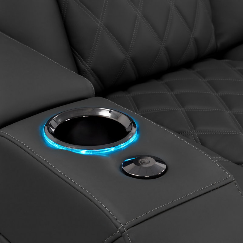 Siège de cinéma en cuir véritable de 92,25 po de largeur avec porte-gobelet, Cuir véritable graphite
