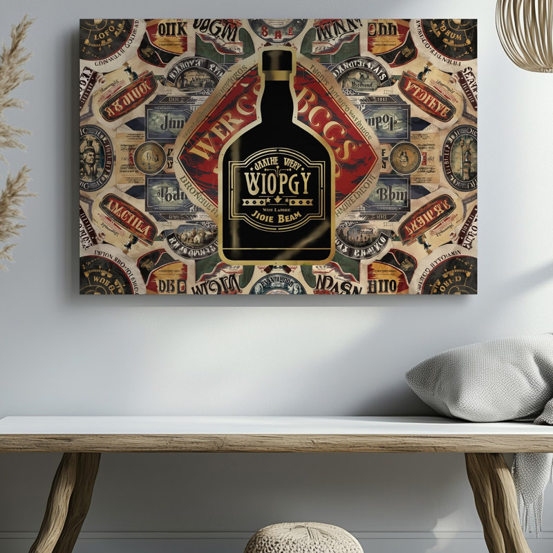 Toile Un collage vibrant d'étiquettes de whisky remplit la composition d'un art mural, H 9 po x l 12 po