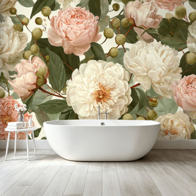 Papier peint adhésif pelez et collez, pivoine douce, rose, floral, pastel, rose, crème, art mural, auto-adhésif et amovible
