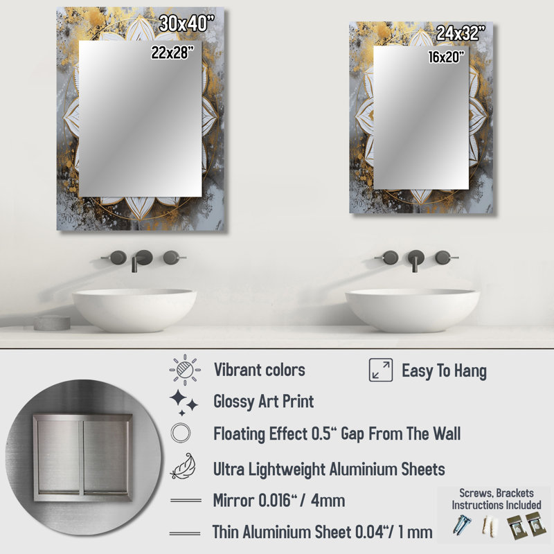 White And Gold Mandala V - Boho Mandala Decorative Wall Mirror, Traditional Large Mirror, Printed Metal Art, 32" x 24"