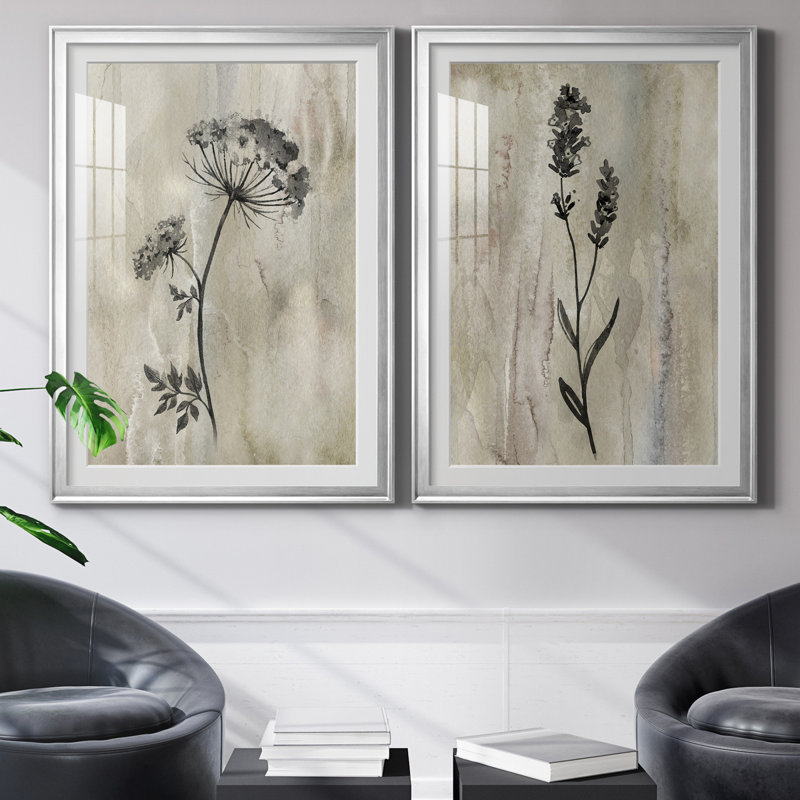 «Sumi-e Silhouette I», ensemble de 2 reproductions d'art, Impression encadrée, H 26,5 po x l 73 po, Argent argent
