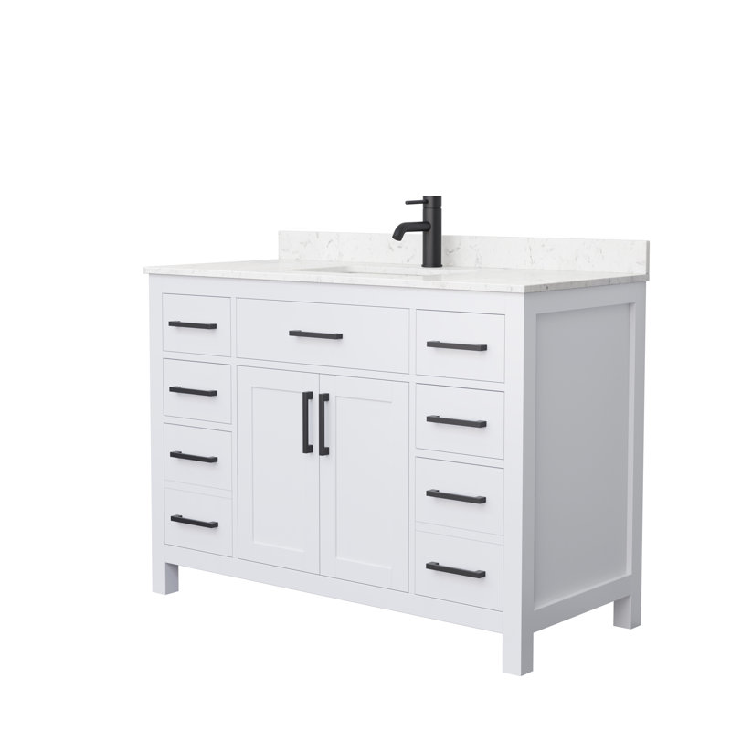 Meuble-lavabo simple autoportant 48 po avec plateau en marbre Beckett, Blanc, Noir mat, Marbre de culture de Carrare