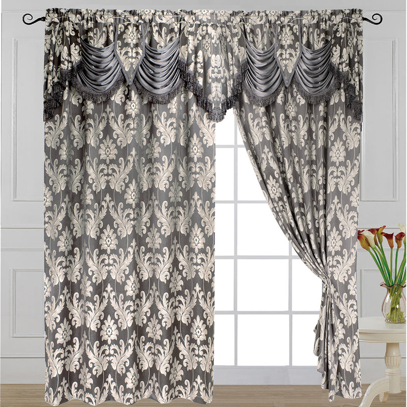 Luxury Jacquard Curtain single Panel with Attached Valance, 54 by 84-Inch Earlesha, Gray