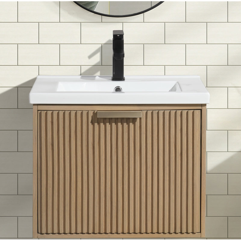 Ensemble de meuble-lavabo simple mural 24 po Anelie, Chêne, Doré