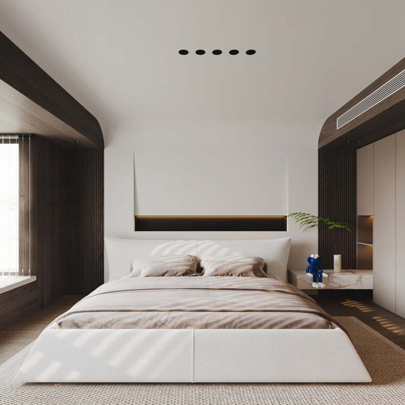 Lit plateforme tapissier en velours, Crème, Grand