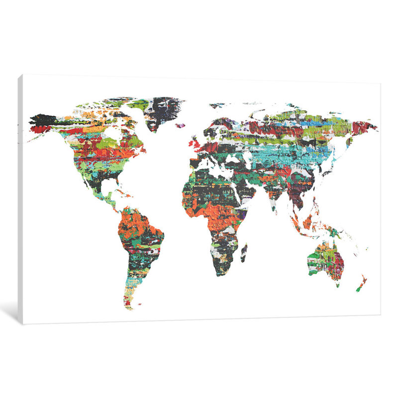 « painted world map v », reproduction d’art sur toile tendue, H 26 po x l 40 po x P 1,5 po