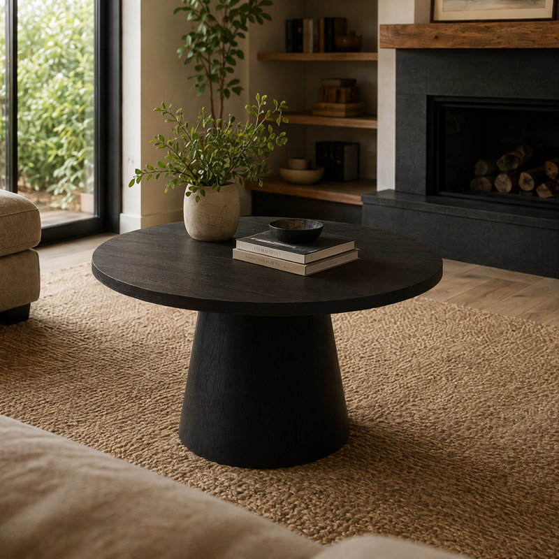 1-Piece Black Round 29" Width Coffee Table With Pedestal Base Ebony
