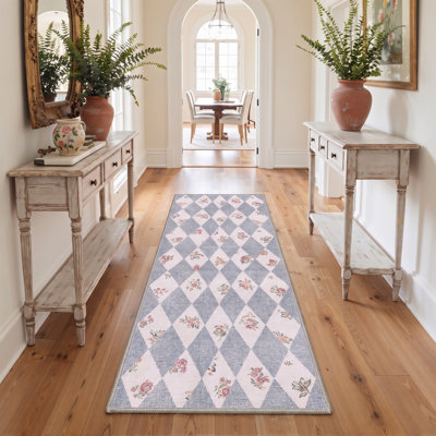 Tapis de couloir damier bleu / ivoire lavable à la machine avec envers antidérapant