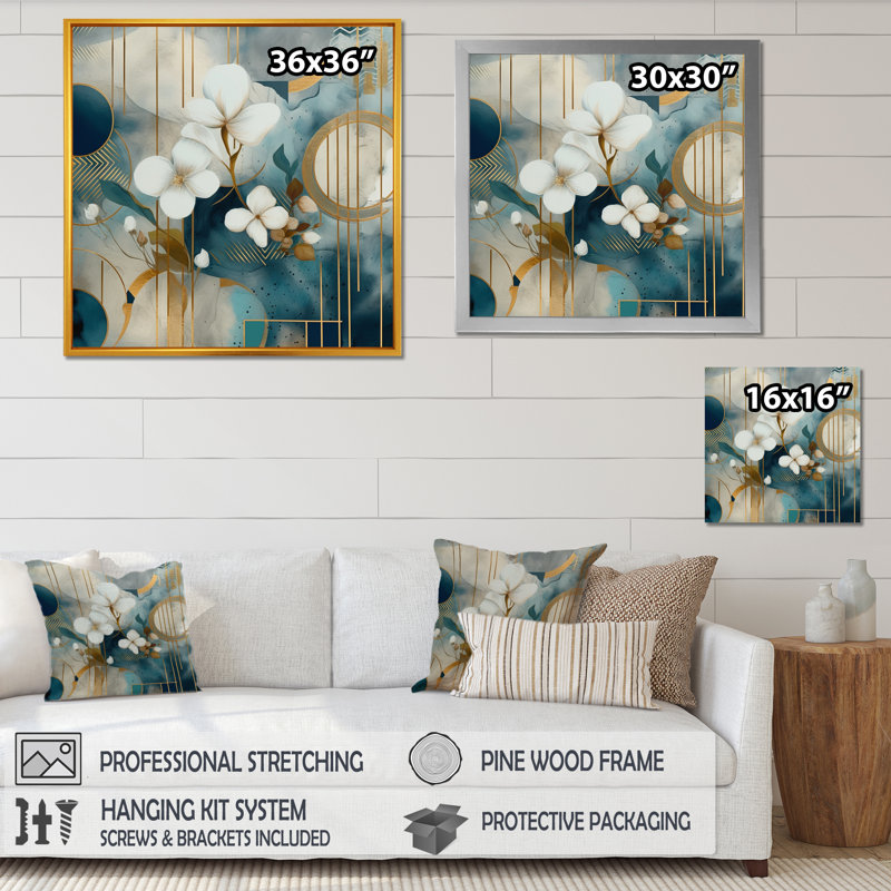 Motif floral doré bleu mosaïque III - impression, H 16 po x l 16 po x P 1 po, Cadre flottant doré