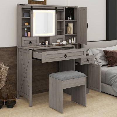 Ensemble de coiffeuse avec miroir lumineux coulissant Farmhouse, coiffeuse en verre avec station de charge, ensemble de meuble-lavabo 4 tiroirs 2 armoires avec tabouret