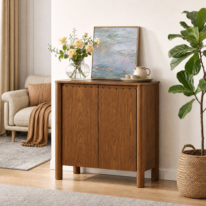 Armoire de rangement 31,5 "pour le salon, armoire de rangement en placage de bois massif avec tablettes réglables pour le couloir ou la cuisine, brun clair