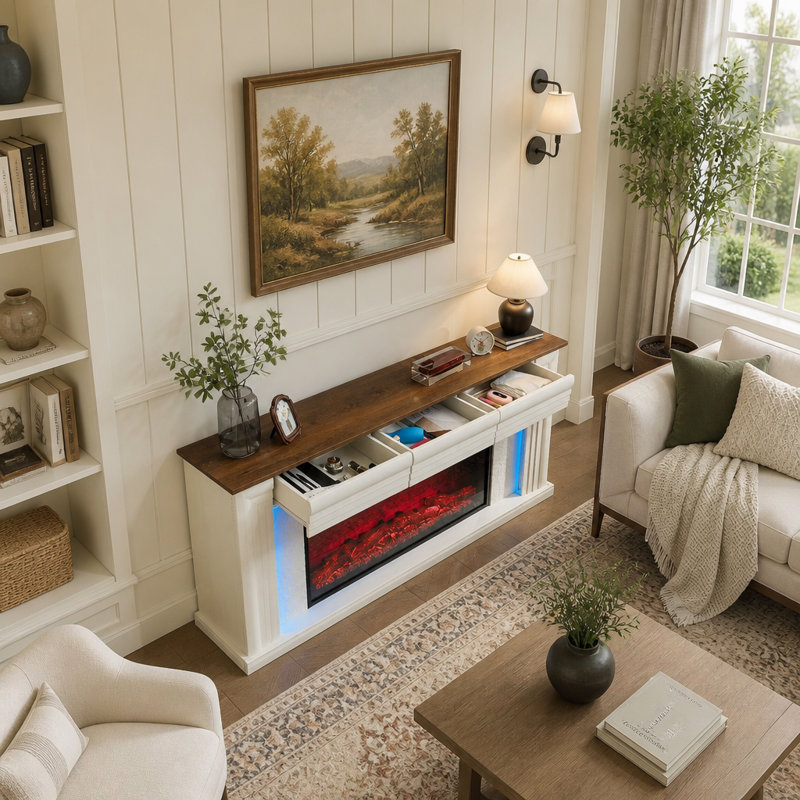 Meuble télé de style ferme moderne avec design cannelé et insert de foyer électrique pour salons spacieux