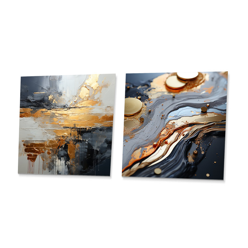 Or et gris, formes liquides modernes I - formes abstraites modernes, impression sur métal, ensemble de 2 carrés