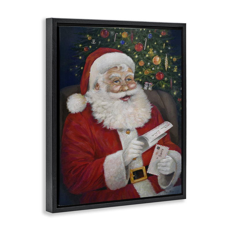 «Merry Santa Claus», art mural sur toile par Ruane Manning, Cadre flottant noir de jais, H 21 po x l 17 po x P 1,7 po