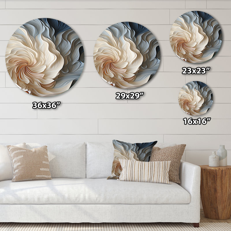 Edmond - spirale de plumes blanches et bleues - impression géométrique ronde sur métal, impression d'art mural rond
