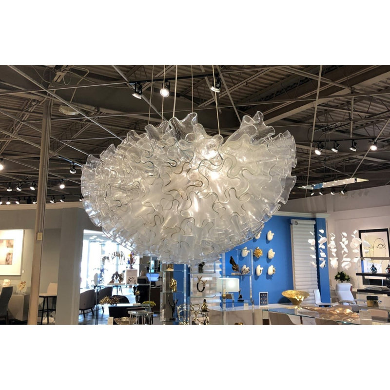 Lustre unique en verre Dahlia, 27” Width x 25” Height, Opaline, Chrome
