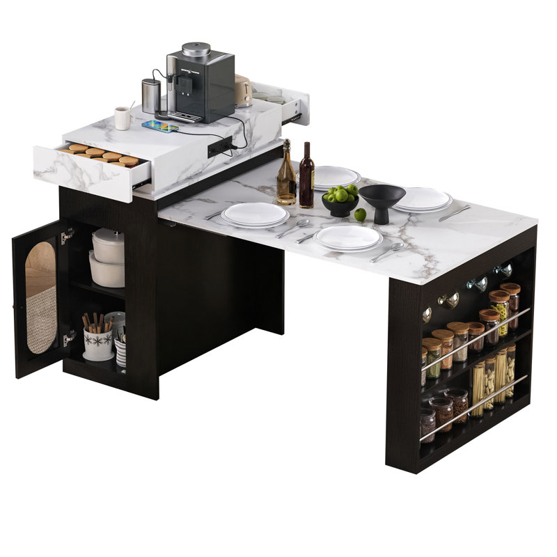 Îlot de cuisine 57,7 po avec plateau extensible sur roulettes, table de salle à manger, table de bar avec tiroirs et prise de courant pour la cuisine et la salle à manger