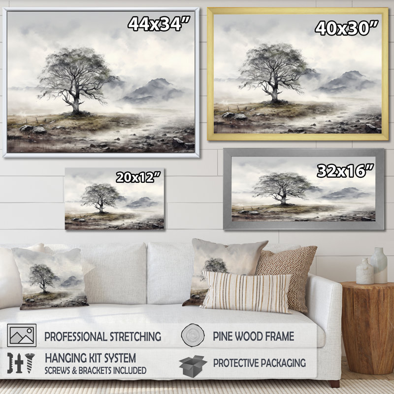 " Monochrome Misty Tree Landscape II ", 16" H x 32" W x 1" D, Black Floater Framed