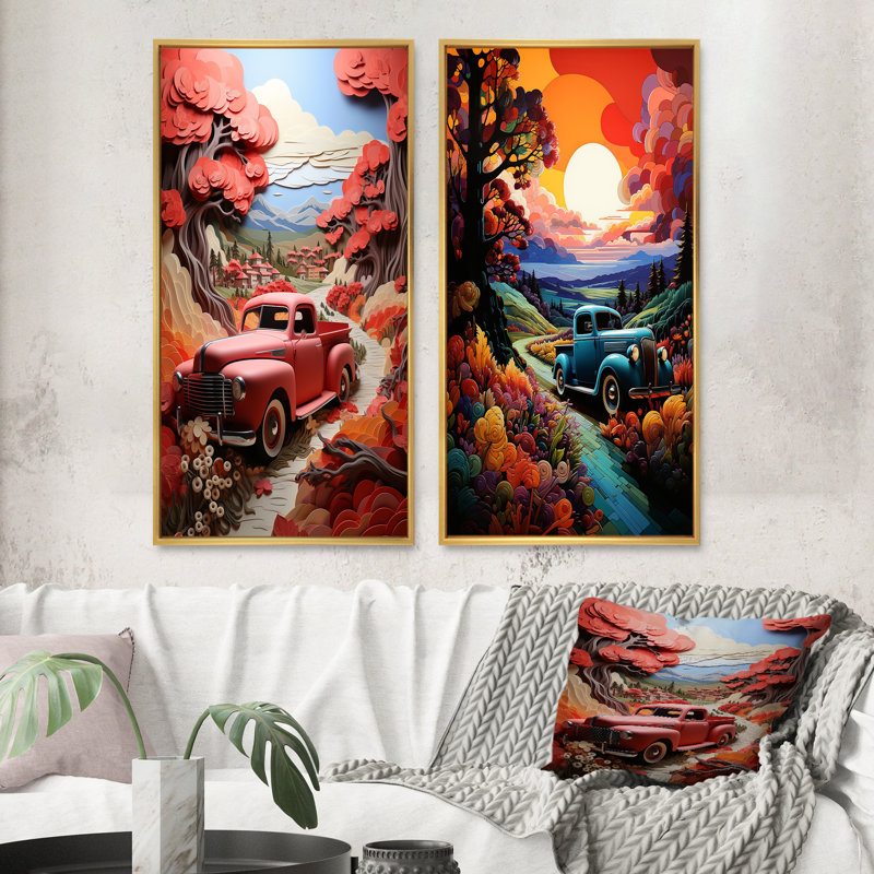 «Coral Pickup Truck Road Legends», 2 pièces, Encadrement doré, H 32 po x l 32 po