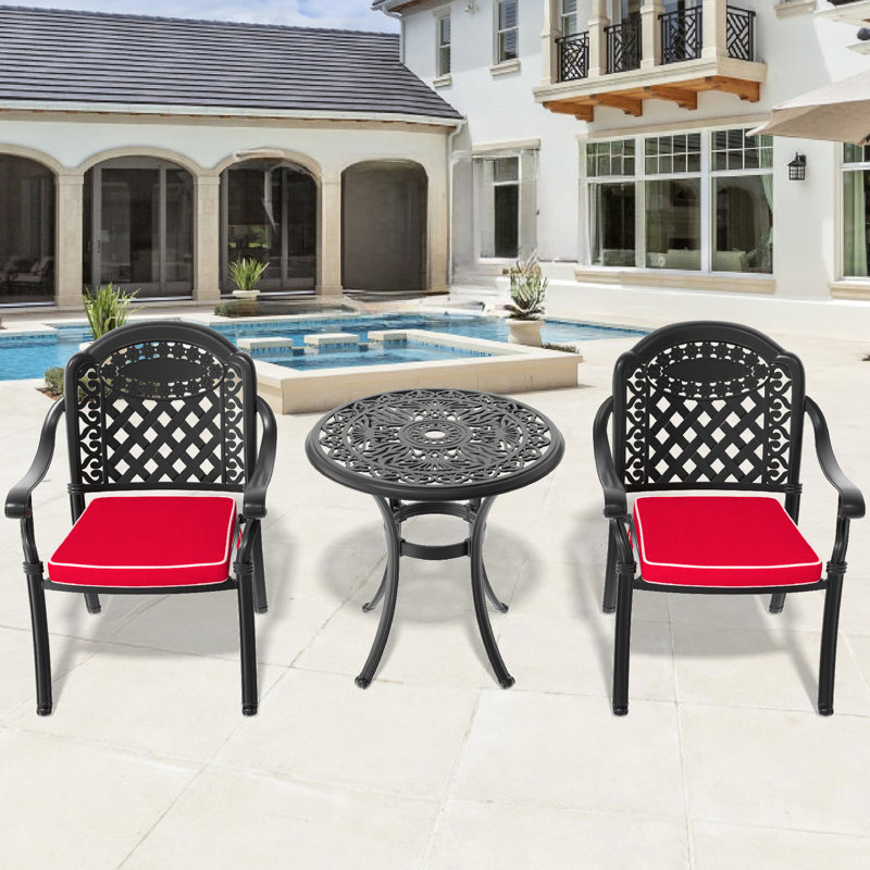 Patio en fonte d'aluminium 3, noir, coussins de couleur aléatoire pour l'extérieur soulagé, chaises empilables, table ronde avec trou de parasol avec coussins,