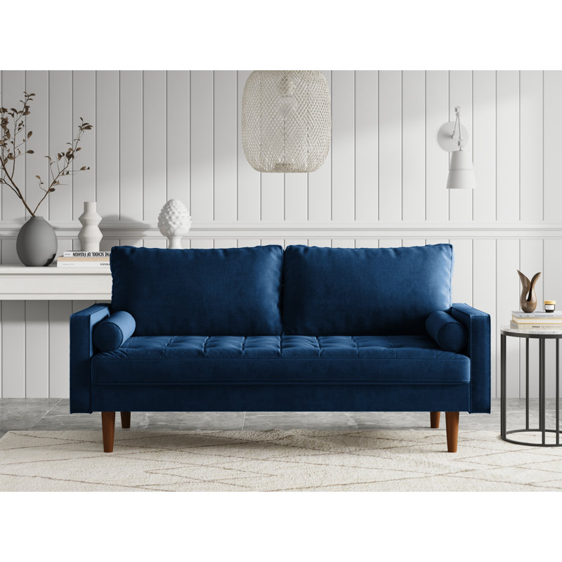Collington 70" Square Arm Tufted Seat Sofa, Blue Polyester