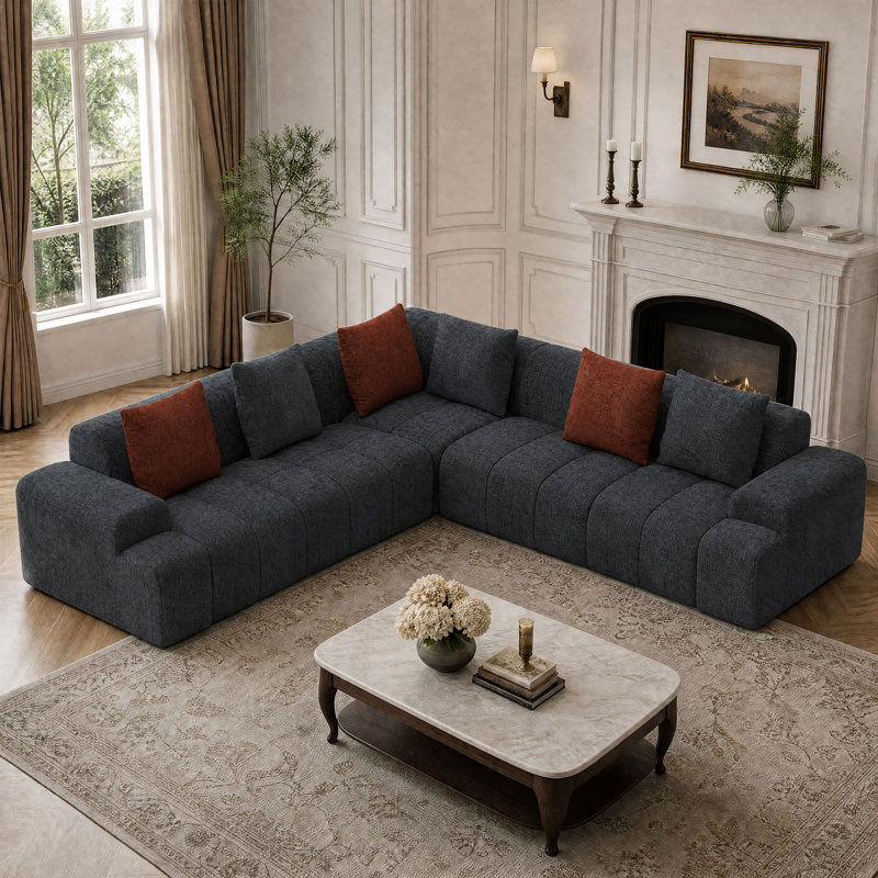 Canapé modulaire rembourré 108 pièces en forme de L 108 po avec 6 coussins décoratifs sans cadre 108 po Chenille