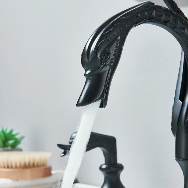 Mattle Black Bathroom Faucet-Luxury Swan Shape Sink Faucet 2 handle for Modern Bathroom Design-Deck Mounted Dual Handle Basin Tap- Unique Brass Bird Faucet