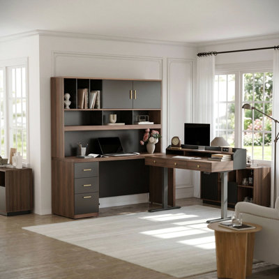 72.8'' Executive Office Desk with Hutch, 48 Inches Height Adjustable Table,  Built in Charging Station for Home Office