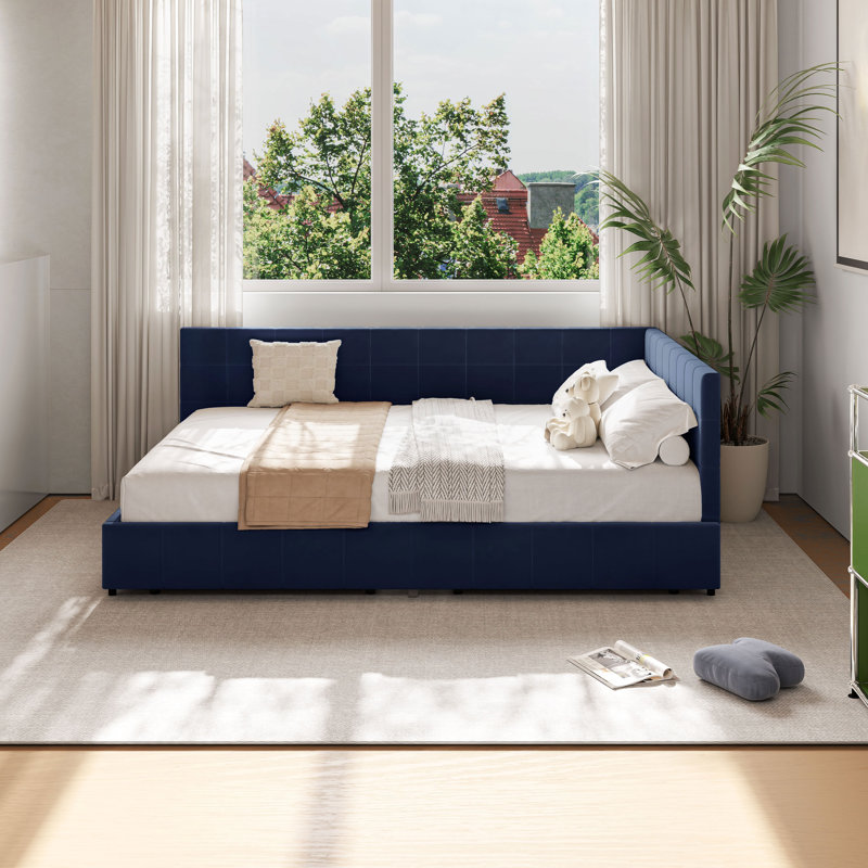 Reversible L-Shape Upholstered Platform Bed With Velvet Fabric Design, Blue, Queen